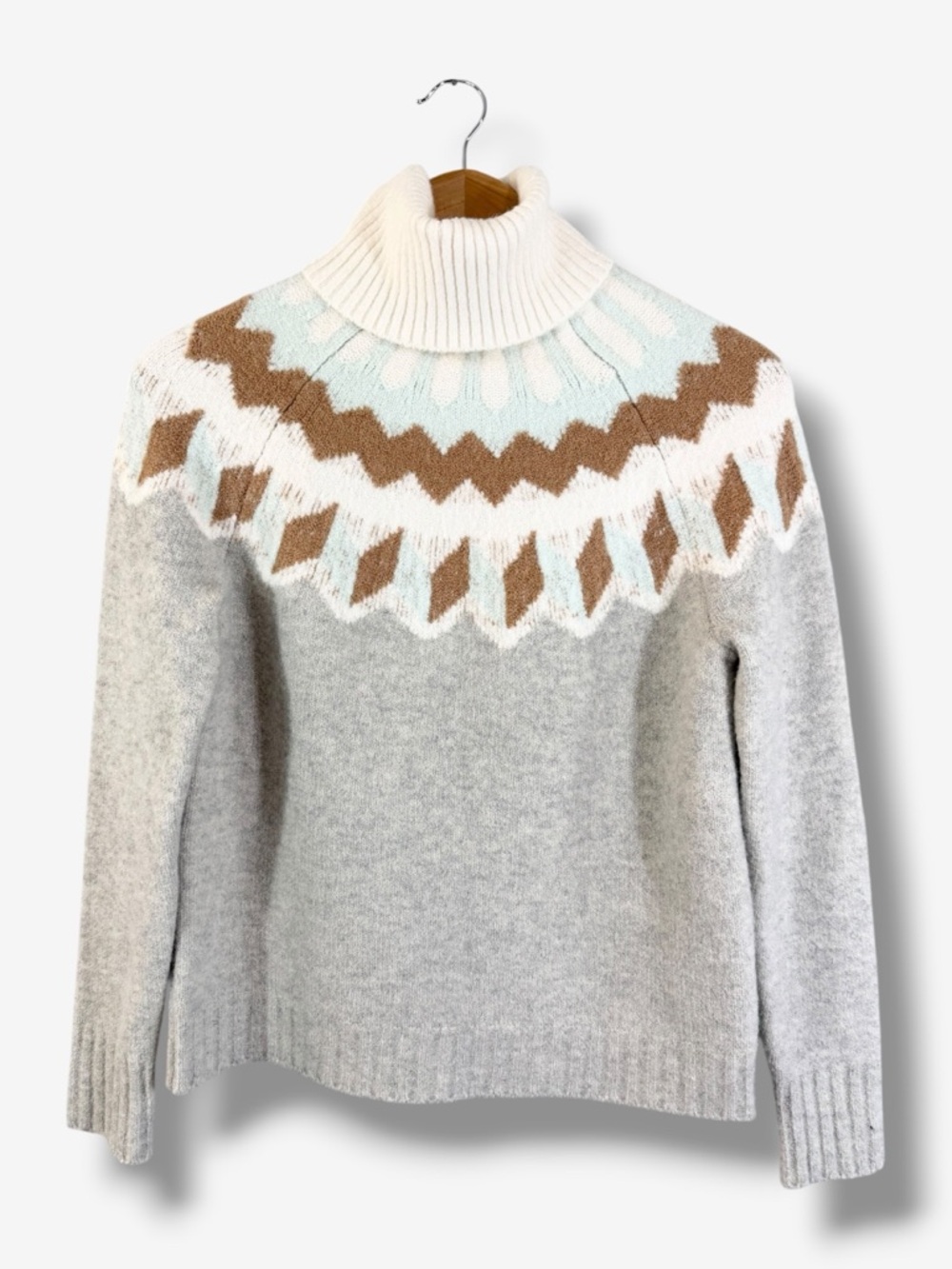 J. Crew Fair Isles Turtleneck Sweater XS Supersoft Yarn Gray Cream Tan Preppy